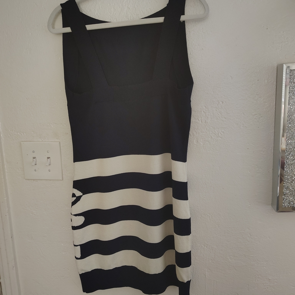 Anthropologie Black and White Striped Midi Dress w/anchor on skirt, festive fun